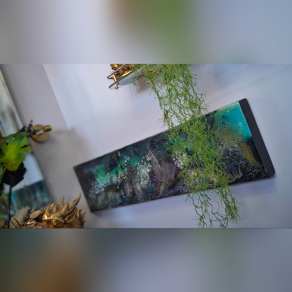 Wood Canvas Epoxy Resin Moonstone Crystal "Aurora" Art Piece